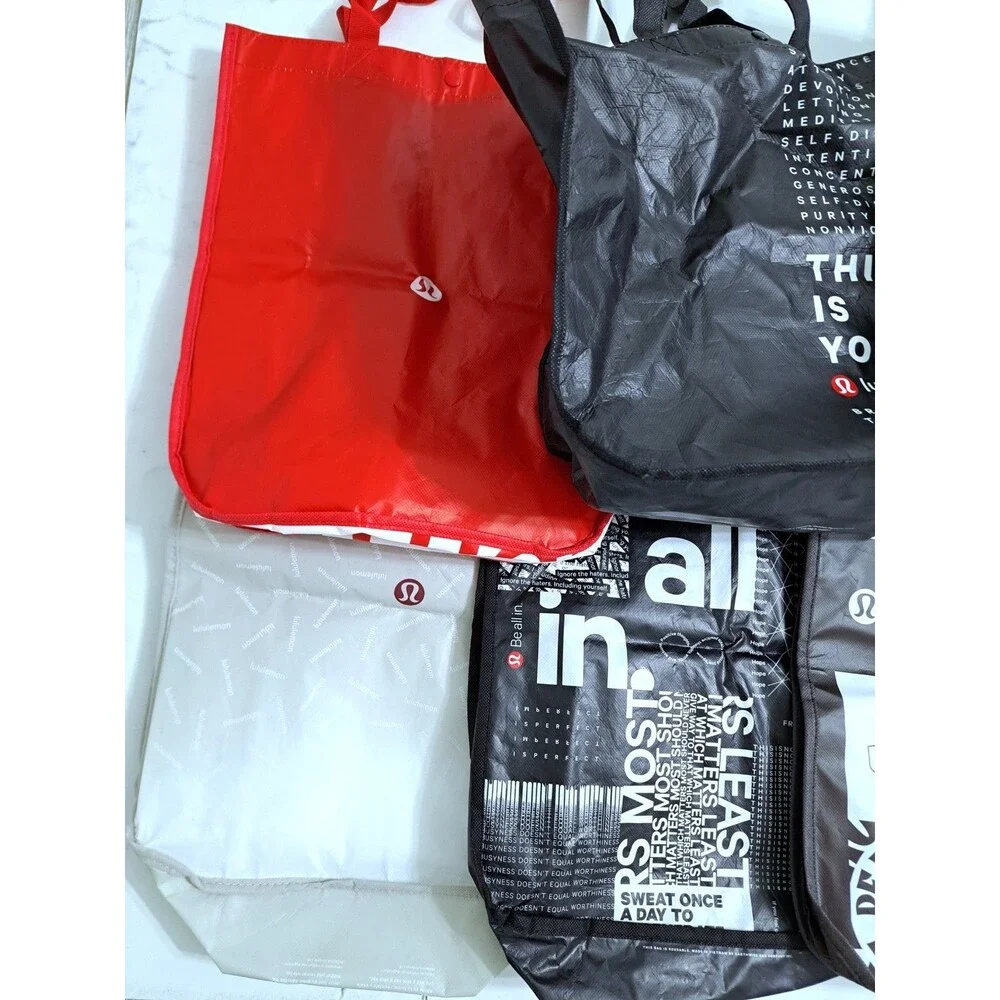 Lululemon Lot of 8 Reusable Shopping Tote Bags Medium Red Black White Blue